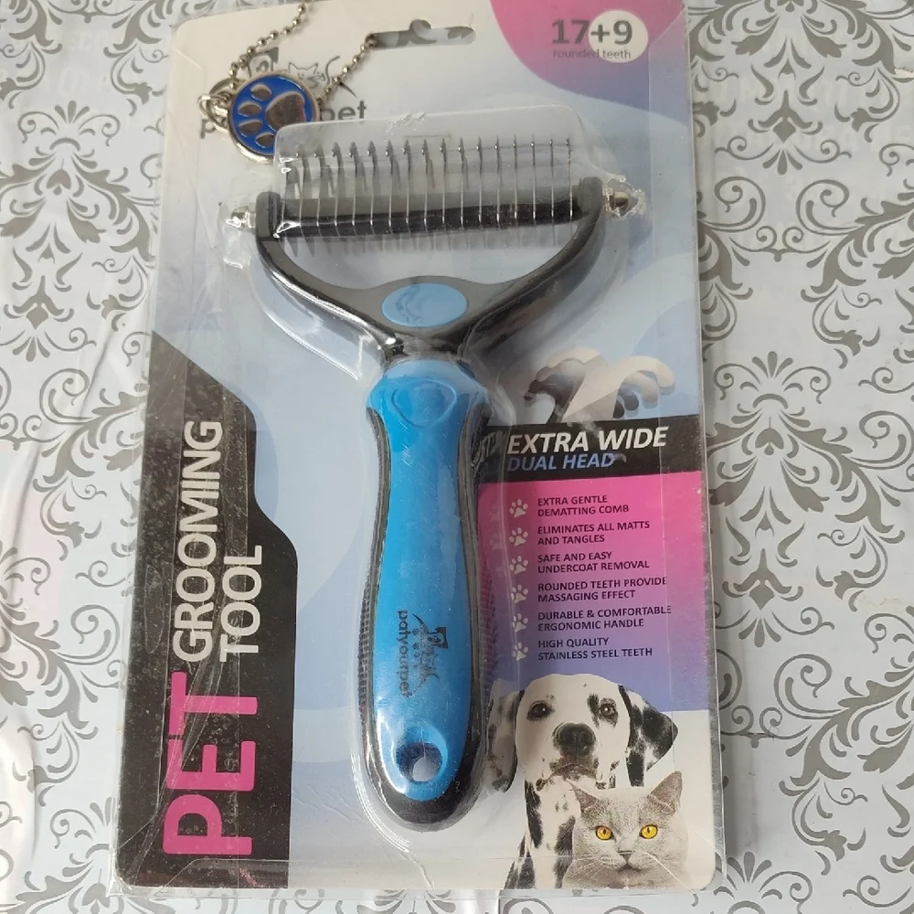 Pat Your Pet Blue Dematting Pet Grooming Tool w/ Extra Wide Dual Head Stainless